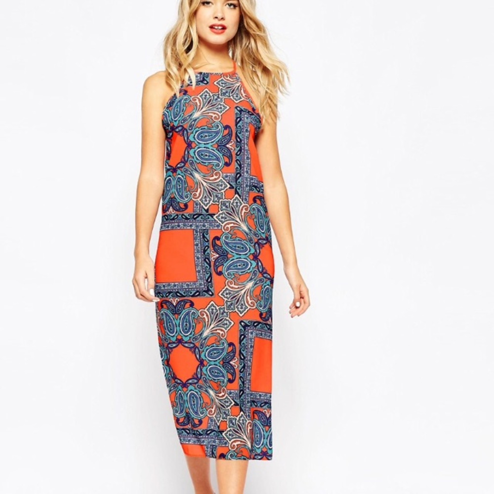 Orange and blue sun dress patchwork print paisley